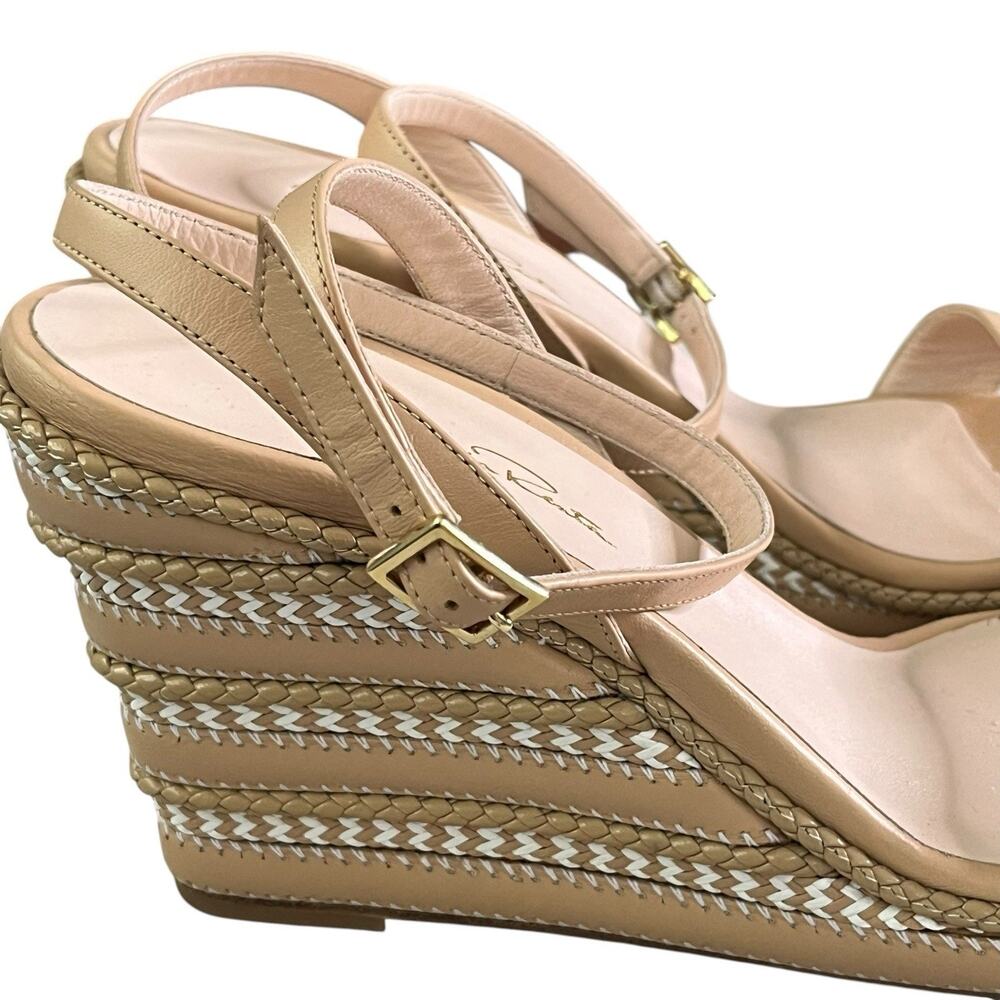 Oscar de la Renta Leather Wedge Sandal ITALY Size 40 US 10 Wrap Ankle Strap Nude - Picture 9 of 15